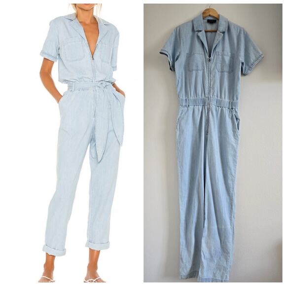 David Lerner Carson Jumpsuit Chambray Denim Size L Short Sleeve Zip Up Revolve - Picture 1 of 8